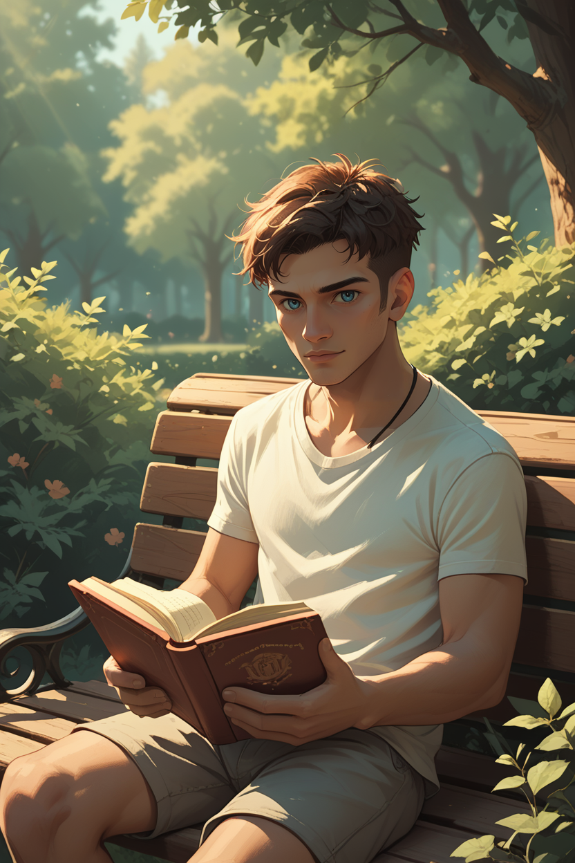 score_9, score_8_up, score_7_up, score_6_up
<lora:DmCDante:0.8>
DmCDante, 1boy, short hair, brown hair, blue eyes, looking at viewer, sitting on a bench in a tranquil park, wearing casual clothes, reading a book, dappled sunlight filtering through the trees, peaceful and relaxed vibe