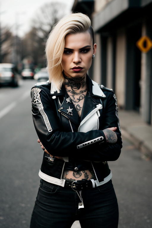 up angle from waist up, portrait photo showing a female biker on a street, leather jacket, tattoos and piercings. Contrasting light from one side. Side cut hair. Blonde hair. (posing:1.3),  she says "Fuck you!", aggressive outlook, dangerous lady.