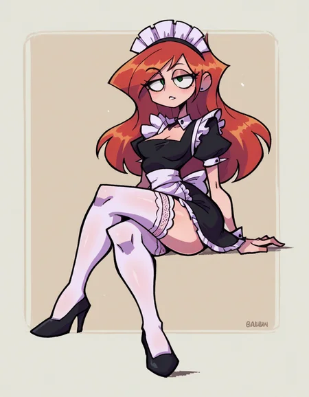 zPDXL, score_9, score_8_up, score_7_up, source_anime,
1girl, solo, :D, (crossed legs), maid wearing a short black (maid dress:1.2) with white lace trim, a full white apron, (stockings:1.1), maid embroided cap, Mary Jane heels, Kim Possible, long hair, red hair,
<lora:valbun_v2:1> valbun,