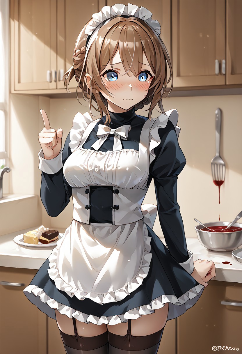 score_9, score_8_up, score_7_up, source_anime, good_hands, 1girl, solo, index fingers together, Repulse \(azur lane\), blue eyes, brown hair, short hair, braid, blush, embarrassed, maid, maid headdress, black dress, turtleneck, white bowtie, waist apron, frilled apron, frilled dress, black thighhighs, frilled thighhighs, cowboy shot, garter straps, cowboy shot, indoors, kitchen, messy, food on clothes, spilled food,