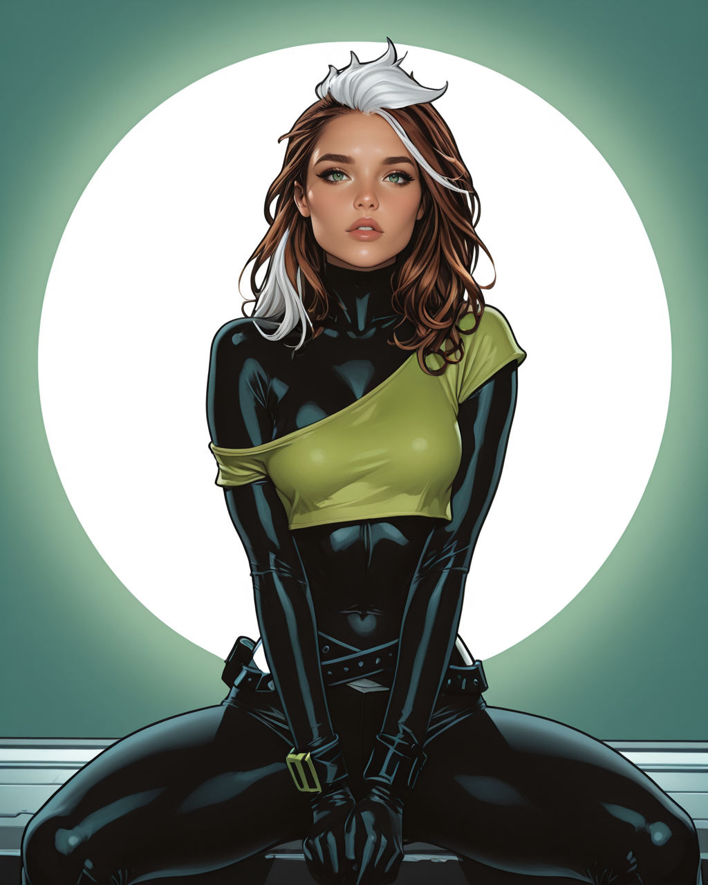 masterpiece, best quality, absurdres, perfect quality, absolutely eye-catching,   <lora:JeffSpokesIllus:1> jspokes,   <lora:Rogue80sPunkIllus:1> roguepunk, brown hair, white hair, two-tone hair, green eyes, bodysuit, crop top, off shoulder, belt, looking at viewer, seductive, sexy, sitting, v arms, spread legs, parted lips,
