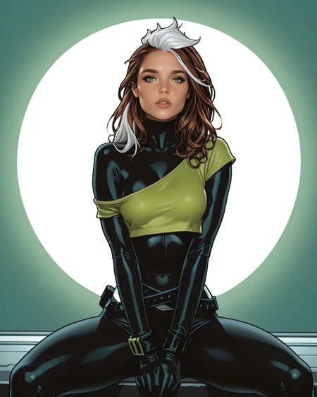 masterpiece, best quality, absurdres, perfect quality, absolutely eye-catching, <lora:JeffSpokesIllus:1> jspokes, <lora:Rogue80sPunkIllus:1> roguepunk, brown hair, white hair, two-tone hair, green eyes, bodysuit, crop top, off shoulder, belt, looking at viewer, seductive, sexy, sitting, v arms, spread legs, parted lips,