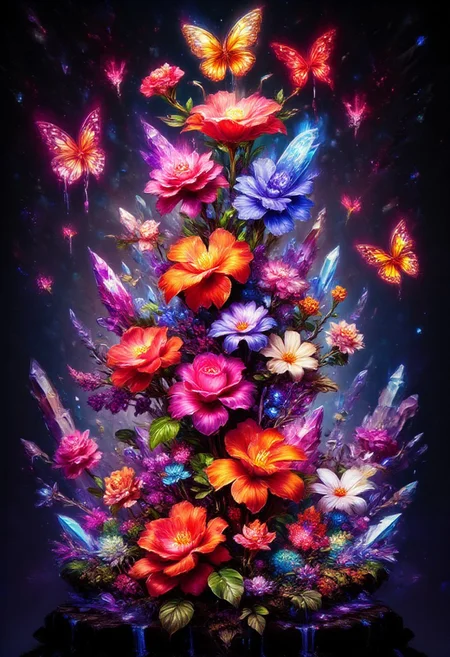 vibrant orange Bleeding Hearts flowers and glowing red butterflies against a pitch-black background Painterly,  surreal, vibrant glow, bokeh, 8k,Pink Roses, purple_flower,pink_flower,white_flower,yellow_flower,grappe_flower,sparkling amethyst crystals