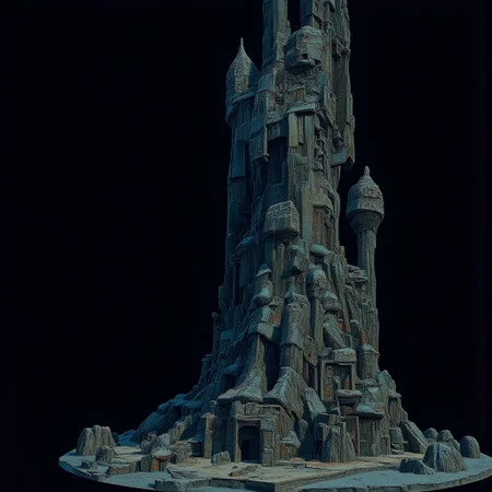 A Medieval Tower with elderscrolls inspired aestetics and legend of zelda
Set against a solid dark black color background to emphasize its unsettling unnatural form that emphasizes its silhouette. The medium is not a traditional painting or illustrative medium like watercolor or ink but rather a digital 3D rendering.
MikeFranchinastyle, d4artstyle, d4concept, , bbstyle,, horror theme,, zbrush, ZBClay model of a gray sculpture, 1990's, 1990's style