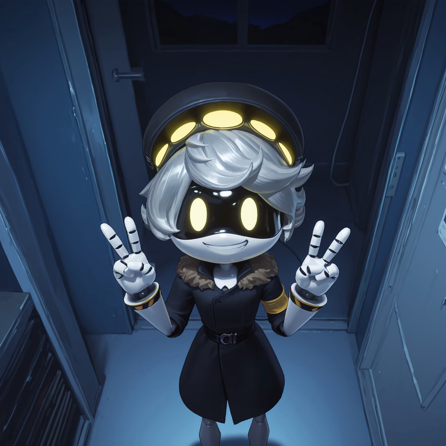 1boy, solo, MdronesN, Male, Robot, android, humanoid robot, white body, glowing yellow eyes, black visor, short hair, silver hair, robot joints, mechanical tail, cable, Yellow armband, short sleeves, black winter coat, bottomless, black belt, fur trim, pilot hat, black headband

BREAK indoors, night, dark, standing, double peace signs, happy, smile, looking at viewer, from above

BREAK best quality, amazing quality, very aesthetic, absurdres, newest