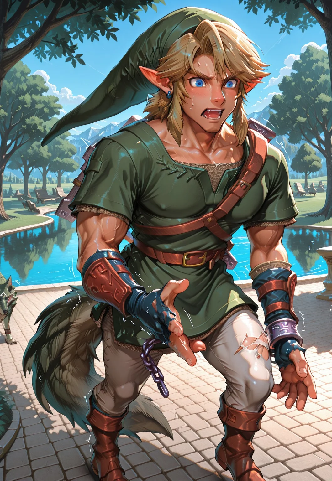 masterpiece, best quality, absurdres, newest, anthropomorphic, male, muscular, ((Link transforms into anthropomorphic wolf, mid transformation, transformation, wolf)), ((Link, blonde hair, blue eyes, pointed ears, earrings, green hat, green tunic, leather gauntlets, belt, white leggings, brown boots)), ((l1nk, wolf, blue eyes, tail, single silver shackle, blue earrings)), park, outside, daytime, ripped shirt, ripped shorts, feet