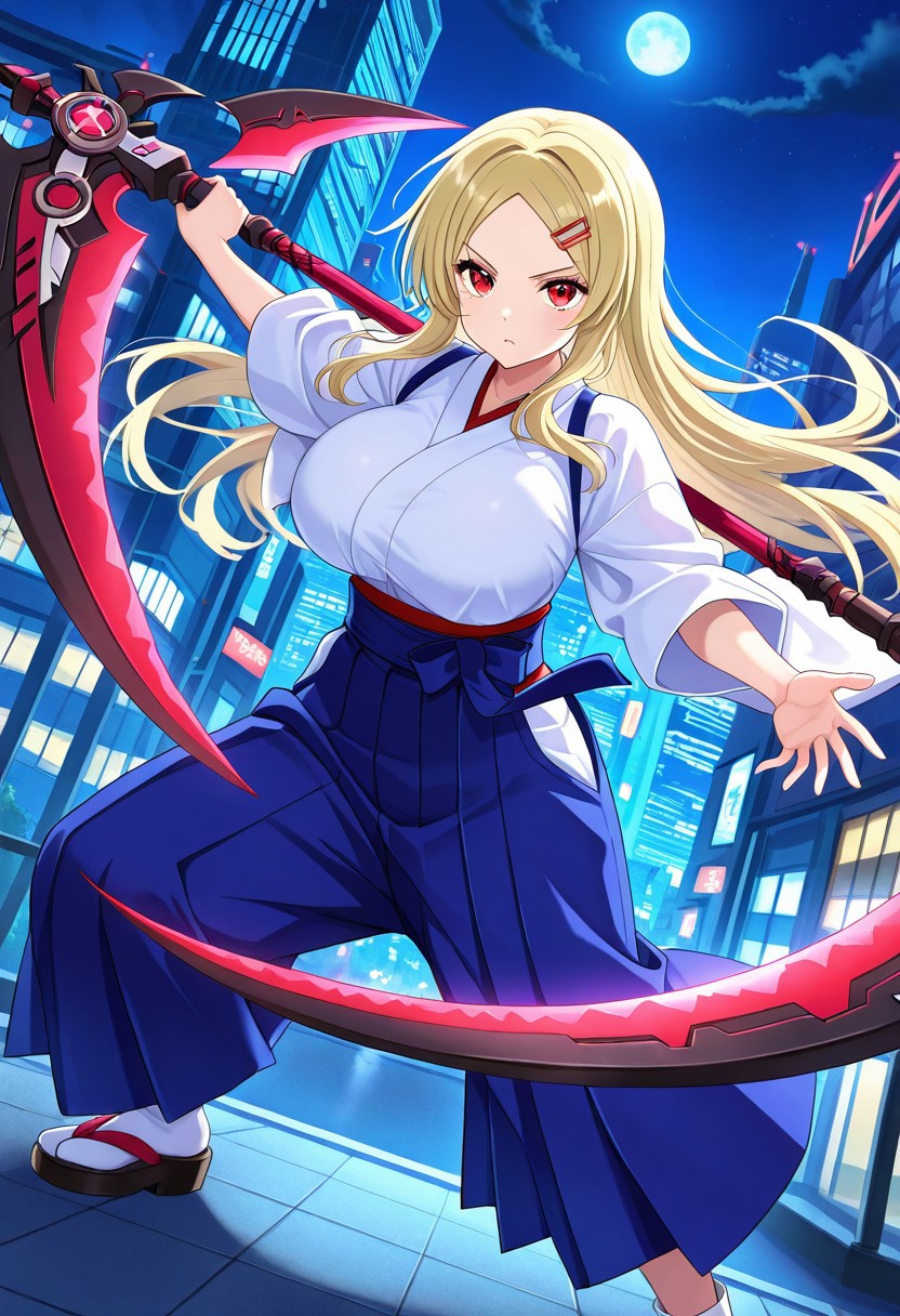 general,highres, ultra-detailed,very aesthetic,best quality ,best hands,best eyes,easynegative,
dynamic anglre, dutch angle, anime cloring,
1girl solo,looking at viewer,outdoors,city,night,holding scythe,fighting,
Shiki,blonde_hair, long_hair, red eyes, huge_breasts, hairclip,Japanese clothes, hakama,