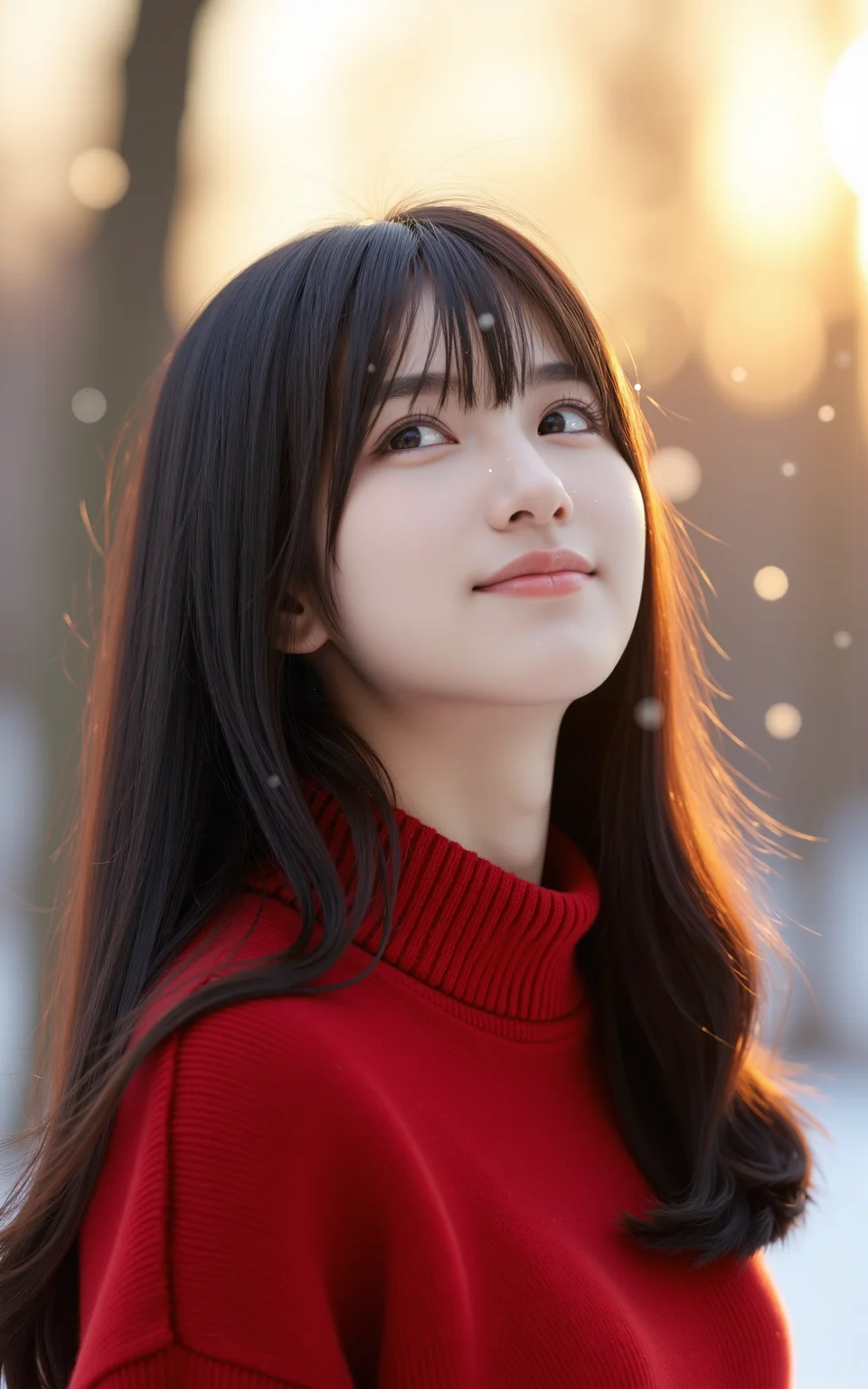 A half-body shot of a black-haired girl wearing a red sweater,she looks up at the sky happlily. Snowflakes gently falling around her. Backlit by sunlight,creating a dreamy halo effect that highlights the warm light on her face,realistic photography style.,<lora:baby-base-01-flux:0.9>,baby,long black hair,bangs,she has a slender physique and a petite build,