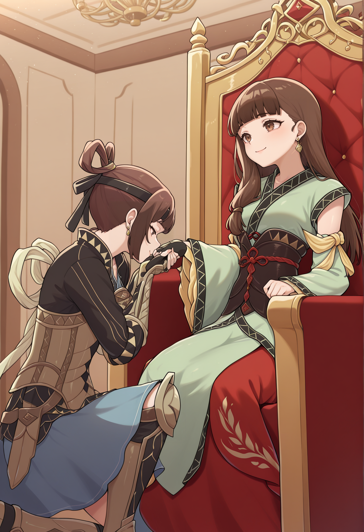 kissing hand, ballroom, indoors, 1girl, brown hair, hair rings, brown eyes, headband, chinese clothes, black shirt, armor, blue skirt, armored boots, fingerless gloves, on one knee, kissing hand  <lora:Miakis_Illus:1>
BREAK
ballroom, indoors, 1girl, blunt bangs, long hair, brown hair, brown eyes, earrings, tied hair, single sidelock, green dress, detached sleeves, wide sleeves, sash, red skirt, chinese clothes, sitting, throne, smile  <lora:Lymsleia_illustrious_v2:1>, masterpiece, best quality, amazing quality, very aesthetic, absurdres, highres, newest