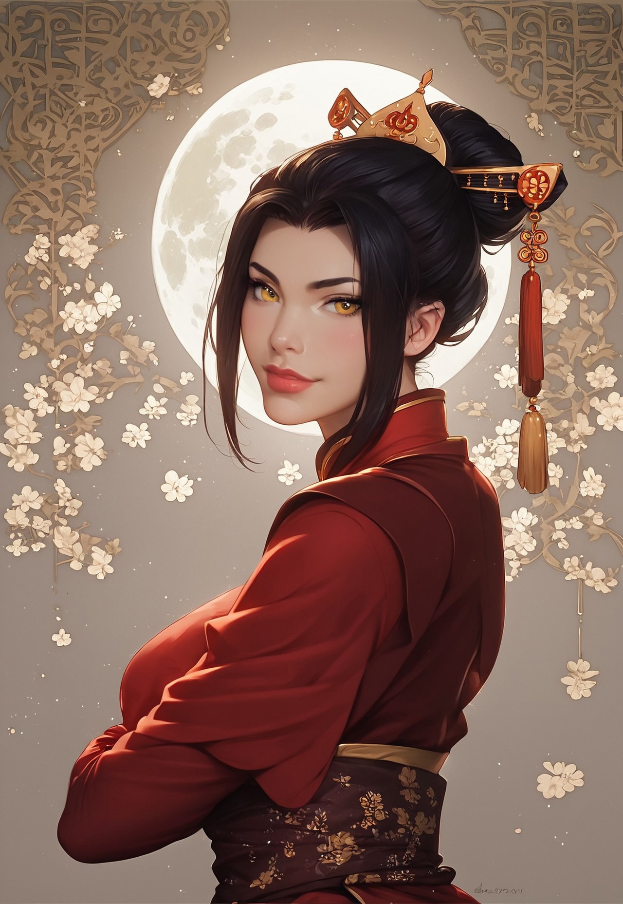 safe_pos, score_9, score_8_up, score_7_up, score_6_up, Expressiveh, zPDXL3, Photorealistic, real photo, (detailed background: night, bedroom, sakura tree, moon), realistic, dynamic pose, dramatic angle, dramatic light, wide shot, red Chinese clothes, capelet, sash, long sleeves, elbow gloves, black hair, yellow eyes,
(1girl, <lora:azula-book2-ponyxl-lora-nochekaiser:1>, azula, black hair, yellow eyes, topknot, sidelocks, hair bun, single hair bun, sexy, slim body, athletic body, ((medium breasts)), ((extra long red stocking with oriental ornament:1.4)), looking at viewer, eager, flirty eyes, adorable girl, perfect face,
confident look, naughty look, (lusty grin)), night time, raining outside,