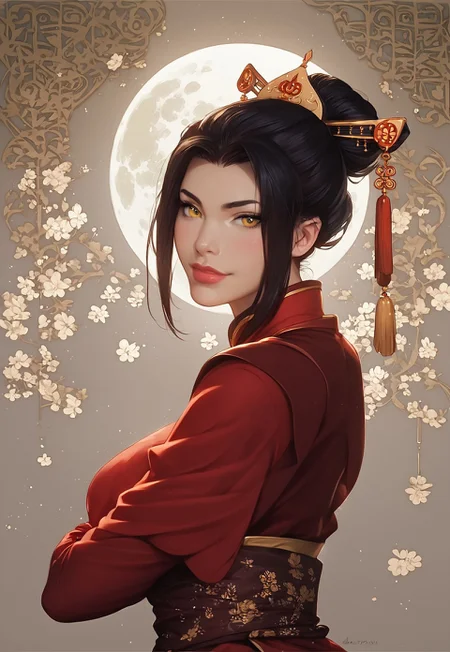 safe_pos, score_9, score_8_up, score_7_up, score_6_up, Expressiveh, zPDXL3, Photorealistic, real photo, (detailed background: night, bedroom, sakura tree, moon), realistic, dynamic pose, dramatic angle, dramatic light, wide shot, red Chinese clothes, capelet, sash, long sleeves, elbow gloves, black hair, yellow eyes,
(1girl, <lora:azula-book2-ponyxl-lora-nochekaiser:1>, azula, black hair, yellow eyes, topknot, sidelocks, hair bun, single hair bun, sexy, slim body, athletic body, ((medium breasts)), ((extra long red stocking with oriental ornament:1.4)), looking at viewer, eager, flirty eyes, adorable girl, perfect face,
confident look, naughty look, (lusty grin)), night time, raining outside,