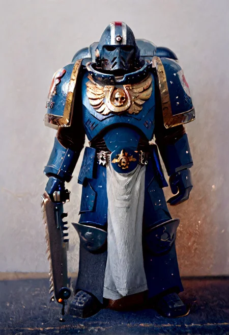 <lora:WH40K_Titus-PONY:0.9> whtitus wielding a chainsword, mature male, solo, ultramarine, emblem, helmet, pelvic curtain, pauldrons, power armor, cowboy shot, white background, score_8_up, score_7_up, score_6_up, score_5_up, score_4_up,