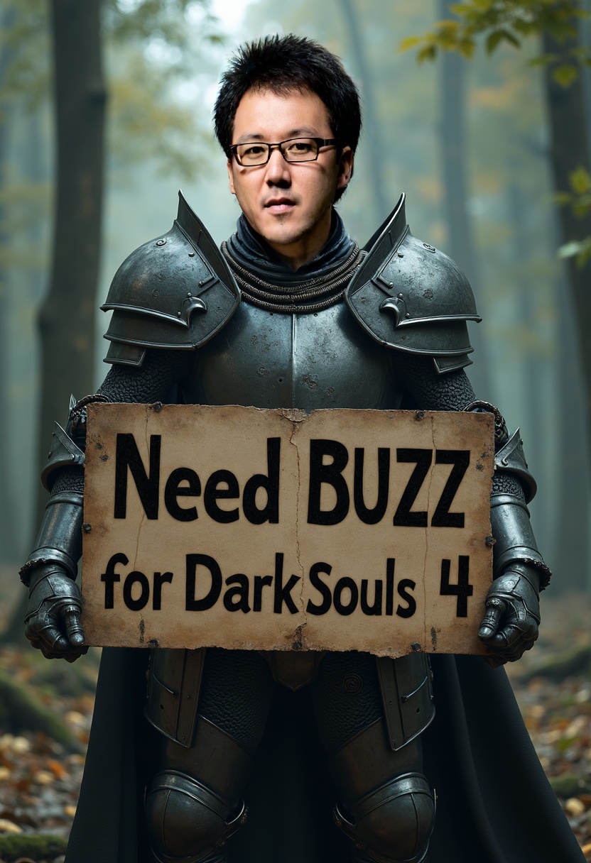 knight holding a sign with the text "Need Buzz for Dark Souls 4" text in dark souls style.
text "Need Buzz for Dark Souls 4" 
Swamp, trees