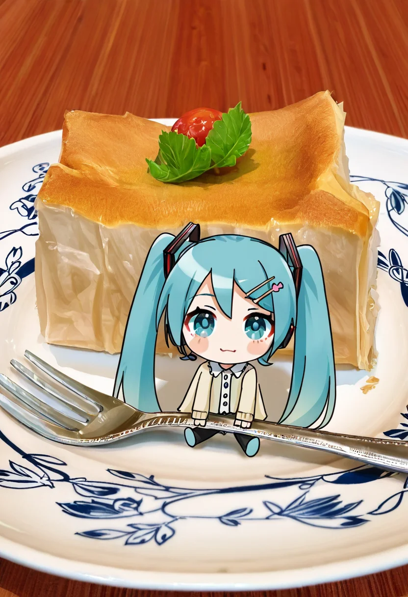 1girl, solo, hatsune miku, looking at viewer, sitting, food, hairclip, chibi, cardigan, plate, mini person, minigirl, fork, open cardigan, photo background <lora:photo_background:1>