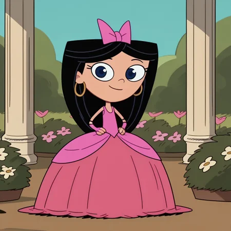 score_9, score_8_up, score_7_up BREAK IsaPF, 1girl, long black hair, dark blue eyes, pink bow, very long large straight tulle pink princess ball gown hoop skirt, ball gown hoop skirt, pink princess dress, hoopdress, my big princess gypsy wedding dress, ballgown, a girl in a dress posing for a picture, wearing long elbow length pink fingerless hook bridal gloves, she is smiling, closed mouth, ballgown, sexy pose, CrinolineDress, USE FACEFIX, cartoon, source_cartoon, smiling at viewer, full body, flower garden outdoors, flowers background, hands on hips,