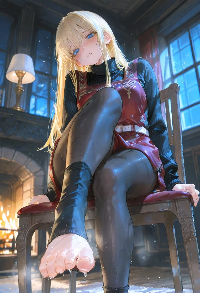 masterpiece,best quality,amazing quality,
<lora:yokoBelnadesIL:1>,cvyoko,
1girl,solo,
blonde hair,long hair,bangs,blue eyes,looking at viewer,parted lips,
black long sleeves sweater underneath,red tunic,high collar,white belt,
black tights,
sitting,on chair,cross legs,from below,
blurry background,depth of field,soft lighting,light particles,vignetting,
indoors,window,snow,vintage style,night,warm,lamp,fireplace, toenail polish, nail polish, steam, ((sweaty feet)), ((sweaty toes)), solo, blush, embarrassed, ((toeless legwear))
