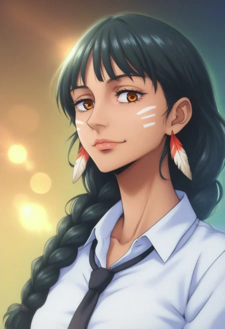 score_9, score_8_up, score_7_up, source_anime, intricate details, anime screencap, perfect balance, official art, extremely detailed CG unity 8k wallpaper, perfect lighting, Colorful, Warm_Front_face_Lighting, (masterpiece:1.0),(best_quality:1.0), ultra high res,4K,ultra-detailed, photography, 8K, HDR, highres, absurdres:1.2, Kodak portra 400, blurry background, bokeh, lens flare, (Anime) (vibrant_color:1.2), professional photograph, night, (cute_face:1.2), 2d, anime, upper body, intricate iris, American, Professional character design, 1girl, female focus, (Orange eyes), perfect eyes, (black-hair), Native American, Indigenous, American Indian, youthful, solo, jujutsu_kaisen_style, character portrait, (perfect-lighting), face, young, (Dark-black-hair), Long hair, (Native American), Indigenous, American Indian, (((wild eyes))), (Native North American), (Upturned eyes), (high cheekbones), (strong jawline), (Black Hair), ((((Native-American-Eagle-feather-braids, Native American Eagle feather accessories)))), (((wild eyes))) ((Bobbed Bangs)) (((Slanted-Eyes))) (Psycho) (Happy) (White Dress Shirt), (Warpaint), (Redwood Forest, Pacific Northwest Forests), (Inuit), (Tan skin), (Dark Skin), (Brown skin), (bobbed hair), White Eagle-Feather-Earrings, Thick Bangs, Bobbed hair, Bob-cut, White-Feather-Earrings, Brown-skin, Inuit Face-paint, Full-Bangs, Wide-Bangs, Thick-Hair, Native Face-paint, cleavage, (White Dress Shirt), (Black Suit Tie), Psycho, Yandere, big irises, Big eyes