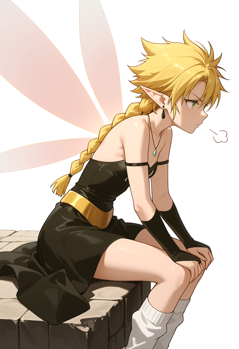 Smooth Quality,masterpiece,very intricate, high quality details, ultra realistic, high detailed skin,detailed enviorement,absurdres,
simple background, white background,solo,
sitting, legs spread, hands on knees, serious face, upright posture,  ,from side,sigh,
 <lora:Ramiriscnn:0.8> ramiriscnn,1girl, long hair, blonde hair, twin braids, pointy ears,wings, fairy wings,fairy, bare shoulders, strapless black dress,bridal_gauntlets, socks,necklace, earrings,