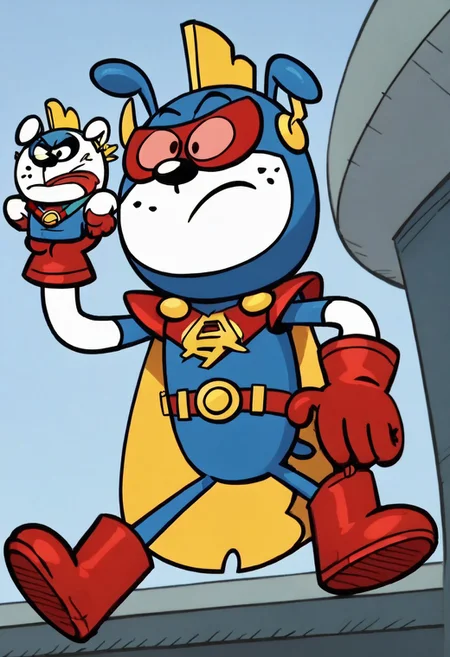 (score_9 | score_8_up | score_7_up) ((masterpiece:1))(best quality,very high quality,ultra detailed:1.2) (2D,cartoon style,anime style)(Smooth:2)(clean blurring) (four fingers on each hand,one thumb on each hand:1), solo, charles, dog, black spot on left eye, white, happy, red blue and yellow super hero costume, blue super hero costume, super hero, red goggles, two side winged headpiece, yellow cape, thick red boots, red glove, 'A' Logo in the middle, AP Puppet,hand puppet, dog puppet