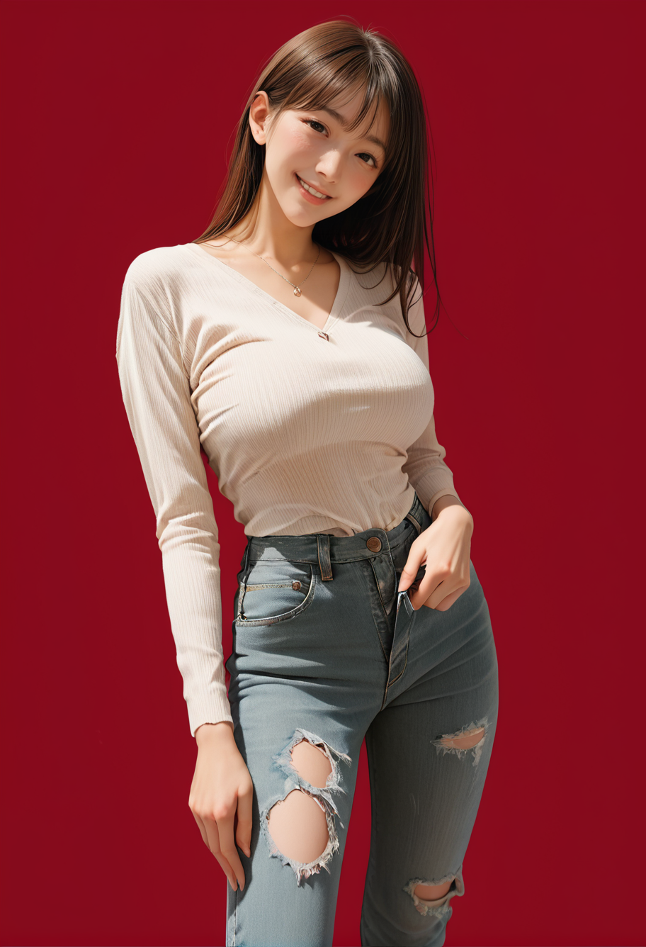 1girl,red background,,ruanyi0966,torn jeans,unzipped,pantyhose,white shirt,black pantyhose,
standing,jeans pull,bottomless,<lora:0966 Home wear 13_v1_pony:1>, score_9, score_8_up, score_7_up, score_6_up, score_9, score_8_up, score_7_up, score_6_up source_anime, blush, 1girl, seduce smile, perfect body , natural huge breasts