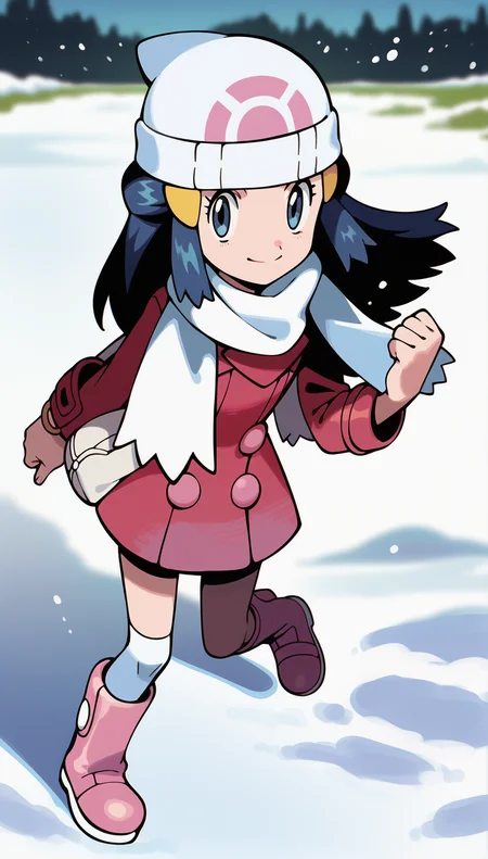 score_9,score_8_up,score_7_up,
highres,highly detailed,
<lora:hikaridawn:0.8>,
hikaridawn,
1girl,solo,
navy blue hair,long hair,
looking at viewer,smile,
white beanie,pink hair clips,red overcoat,white scarf,white shoulder bag,
white kneehighs,light pink boots,
full body,walking,from above,looking up,holding own scarf,
blurry background,vignetting,outdoors,snowfield,snow,winter,footprints,light particles,