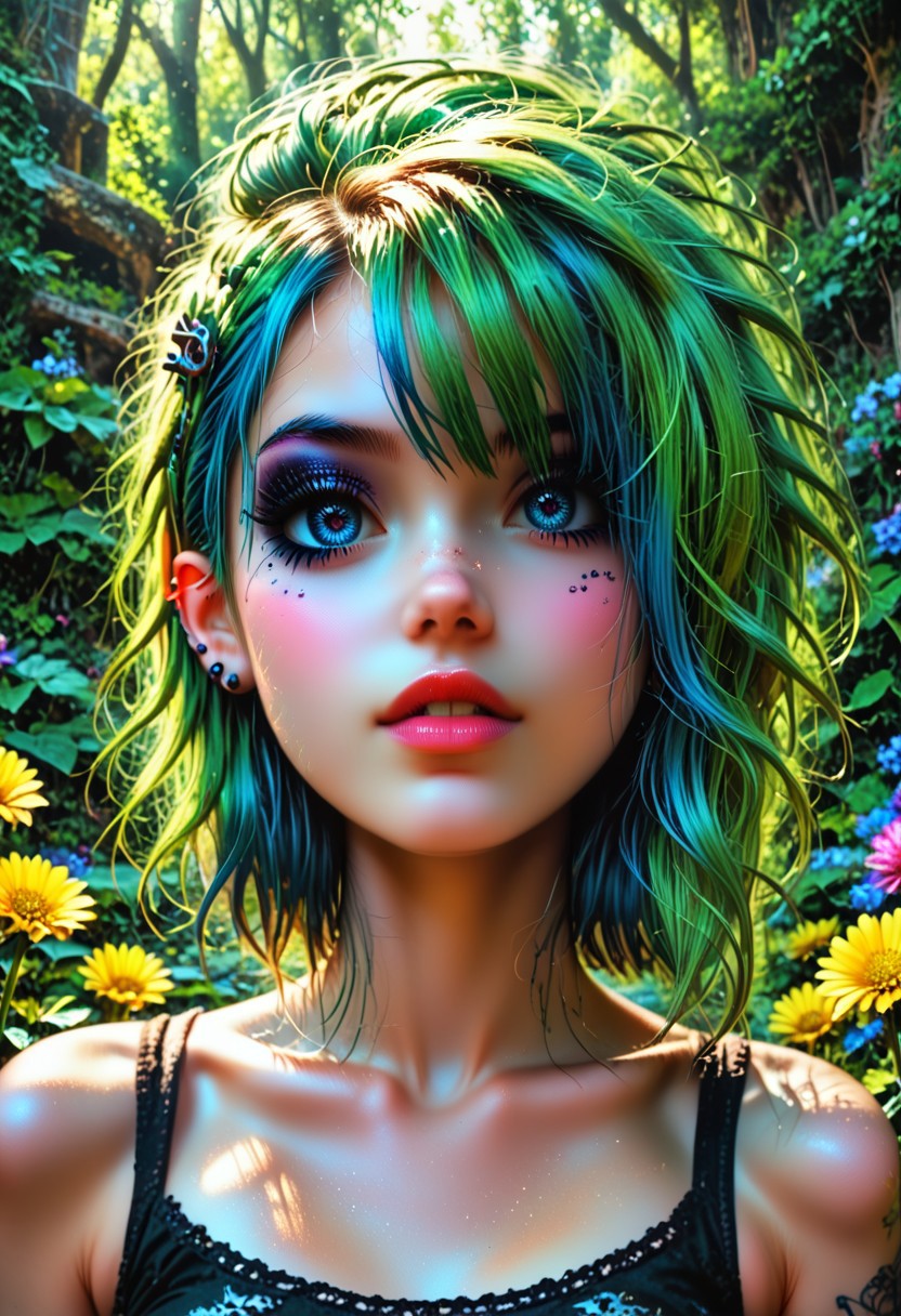 Goth, emo, fairy, humanoid feminine fairy with a pale mauve skin, intricate pearlescent horns, and multiple eyes, set against a vibrant green background. The fairie face is expressive, with a hint of curiosity and intelligence in its gaze. Its body is covered in intricate patterns and markings, suggesting a complex and ancient culture. The background is filled with flowers andushrooms, creating a sense of mystery and wonder. The flowers in her hair are a perfect, and they add a touch of femininity to her otherwise magical appearance. The forest is a perfect setting for this image, and it adds to the overall sense of mystery and intrigue. The fairies wings are sleek and shiny.
BREAK
HDR, (high contrast), (vibrant color), (ultra sharp), detailed textures, sharp focus, ultra-high pixel detail, intricate, realistic, movie scene, cinematic, high-quality, full colors, incredibly detailed, 4k, 8k, 16k, hyper-realistic, RAW photo, masterpiece, ultra-detailed, professionally color graded, professional photography, stunning quality, ultra-high resolution, photorealistic, 8k, hyper-realistic, Rembrandt lighting