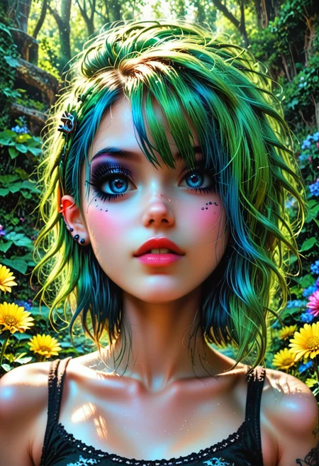 Goth, emo, fairy, humanoid feminine fairy with a pale mauve skin, intricate pearlescent horns, and multiple eyes, set against a vibrant green background. The fairie face is expressive, with a hint of curiosity and intelligence in its gaze. Its body is covered in intricate patterns and markings, suggesting a complex and ancient culture. The background is filled with flowers andushrooms, creating a sense of mystery and wonder. The flowers in her hair are a perfect, and they add a touch of femininity to her otherwise magical appearance. The forest is a perfect setting for this image, and it adds to the overall sense of mystery and intrigue. The fairies wings are sleek and shiny.
BREAK
HDR, (high contrast), (vibrant color), (ultra sharp), detailed textures, sharp focus, ultra-high pixel detail, intricate, realistic, movie scene, cinematic, high-quality, full colors, incredibly detailed, 4k, 8k, 16k, hyper-realistic, RAW photo, masterpiece, ultra-detailed, professionally color graded, professional photography, stunning quality, ultra-high resolution, photorealistic, 8k, hyper-realistic, Rembrandt lighting