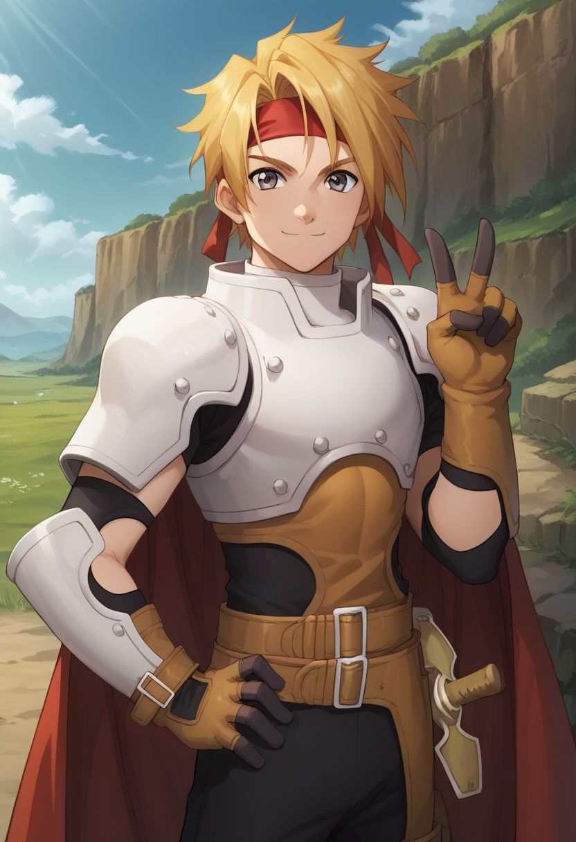 score_9, score_8_up, score_7_up, source_anime, 
cress, armor, 1boy, headband, solo, male focus, red cape, gloves, cape, blonde hair, hand on hip, red headband, v sign, sheathed, smile, closed mouth,
outdoor,