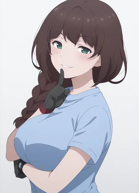 miyukatou, 1girl, green eyes, brown hair, long hair, single braid, gloves, black gloves, watch, wristband, blue shirt, t-shirt, short sleeves, anime screencap,
big breasts, masterpiece, best quality, high resolution,
(white background), (seductive smile:1.5), from side, blush, looking at viewer, arms under breasts, shushing,