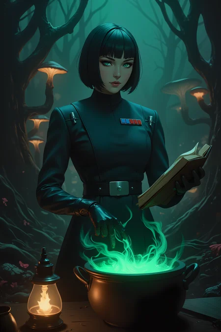 A pale-skinned imperial officer in IMPOFF uniform stands in the middle of an eerie forest, her jet-black hair cut into a sharp bob, framing her cold, calculating expression. The twisted roots and glowing fungi surrounding her. In one gloved hand, she holds an ancient leather-bound spellbook, its pages illuminated by an unnatural, greenish glow. Her other hand hovers over a bubbling cauldron, where ghostly tendrils of mist rise, twisting into sinister shapes before vanishing into the night air. Her eyes gleam under the dim, flickering light of a nearby lantern, a stark contrast to the wild and untamed magic at play around her.<lora:IMPOFF_FLUX>, <lora:aesthetical-000003:0.15><lora:aidmaNSFWunlock-FLUX-PonyStyle-v0.1:0.15><lora:Flux-jijia:0.1><lora:GLSHS:0.6>