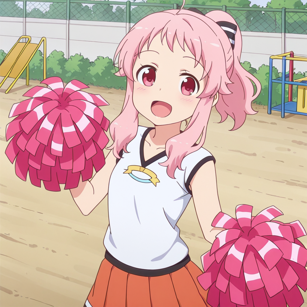 nsfw, masterpiece,best quality,amazing quality,1girl, solo, anima_yell_kohane_hatoya, standing, smile, open mouth, pink hair, pom pom (cheerleading), cheerleader, ponytail, pink eyes, long hair, shirt, looking at viewer, school playground, <lora:Kohane_Hatoya_-_Anima_Yell:0.7>