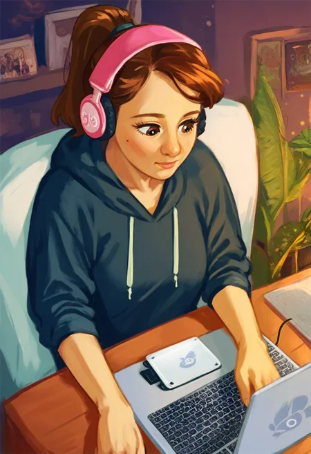 Ugly score_9, score_8_up, score_7_up, source_anime, 1girl, laptop, chair, bedroom, perfect face, <lora:LoFi_Girl_PonyXL_AutMix:0.55> LoFi_Girl_Pony, ponytail, brown hair, headphones, hoodie,