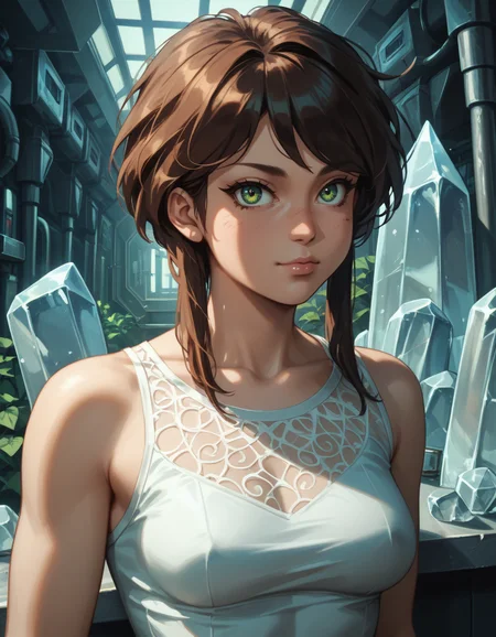 A clear white crystal score_9, score_8_up, score_7_up, score_6_up, score_5_up BREAK ot0m, 1girl, green eyes, brown sidelocks hair, looking at viewer, <lora:OtaKingMondayAshlinPDXL16v1.6tx1-000008:0.9> in swarovski style, high detail, detailed behance instagram underground 4k
