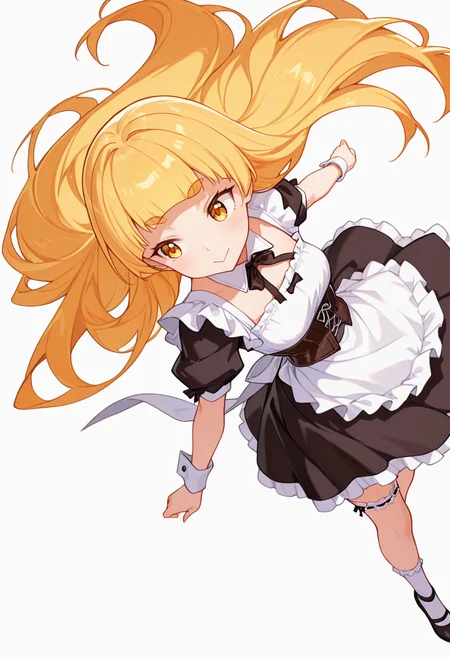 masterpiece,high quality details,absurdres, 
<lora:Shiraki_Hime:0.8>
hime_cnr, 1girl, blonde hair, very long hair, yellow eyes, blunt bangs, thick eyebrows,, simple background, white background, dynamic angle,solo,, :>,, corset top  ,maid apron,single leg thighhigh,  ,toe socks,