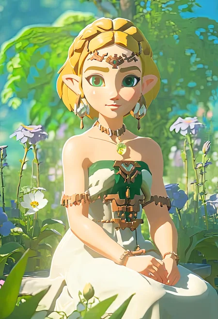 professional 3d model a green eyes girl like totkzelda wearing bare shoulder zonai dress Sitting in the middle of the flowers,short blond hair,solo,<lora:xl_totkz:0.95>,
detailed background, sunny day,smiling, <lora:SamaritanEsdxl:0.5> . octane render, highly detailed, volumetric, dramatic lighting