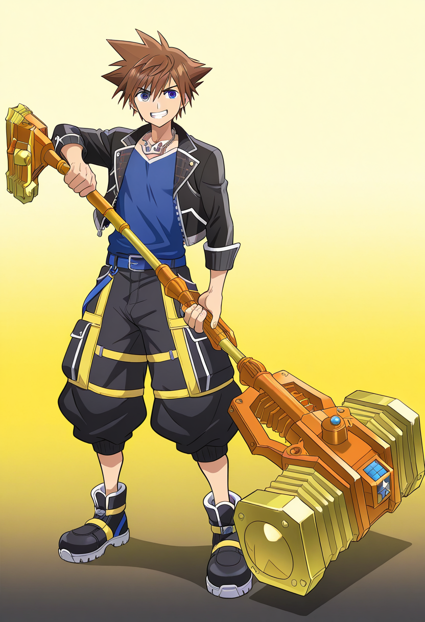 masterpiece,best quality,amazing quality,very aesthetic,absurdres,newest, gorudionhammer, hammer, holding hammer, huge weapon, yellow background, gradient background, 1boy,solo,male focus,Anime screencap,sora(kh),brown hair,blue eyes,spiked hair,jewelry,necklace, black jacket, blue tank top,baggy pants,shorts,smile, serious, smile, teeth, full body,