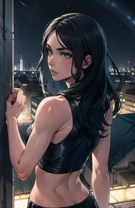 <lora:x-23v1:0.8>, X23, midriff, city ruins, night (masterpiece), (best quality:1.2), perfect lighting, close view, upper body, from behind, looking back fixing hair, rooftop