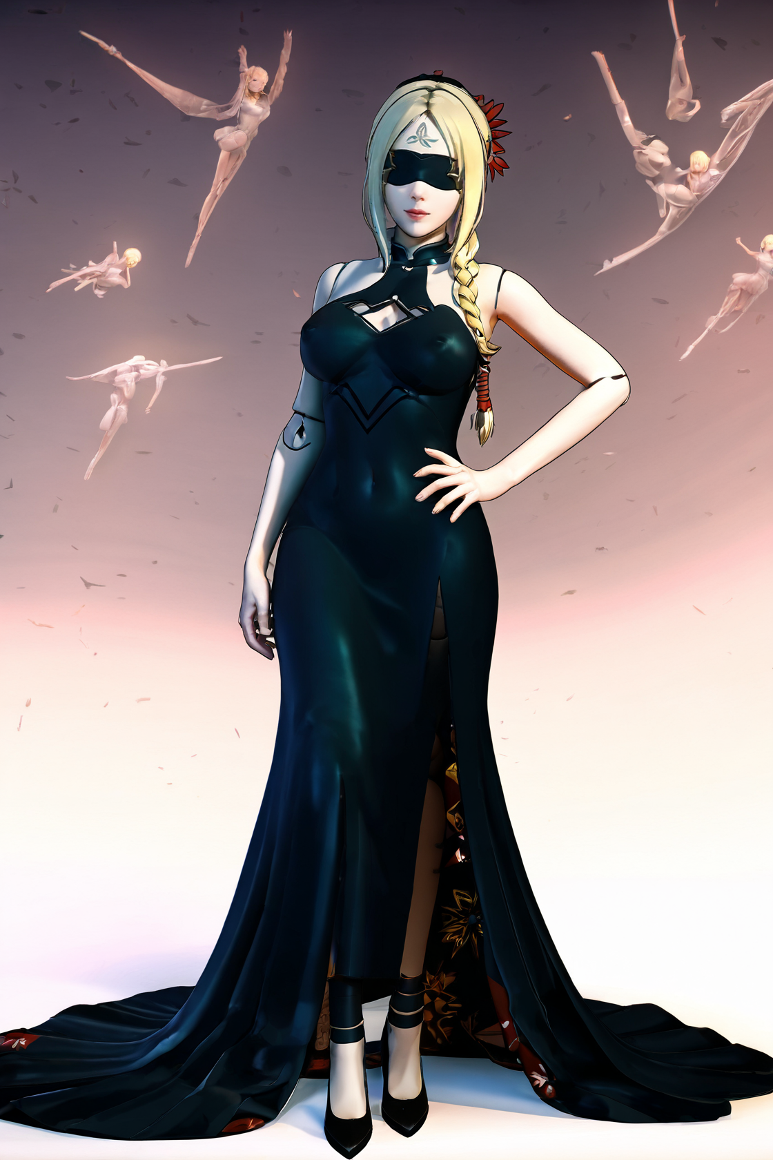 8k, best quality, masterpiece, (ultra-detailed:1.1), (high detailed skin), kamimiya, nakamura_rohane, 
<lora:qianren-artiwaifu-Tanger:0.6>, qianren, 1girl, blindfold, blonde hair, joints, black shoes, black dress, long dress,
<lora:jijiav2-a3-Tanger-000005:0.8>, jijia, 3d, CG, fallen doll \(video game\), 1girl, solo, breasts, dress, hand on hip, braid, large breasts, black background, lips, skin tight, simple background, covered navel, looking at viewer, hair over shoulder, single braid, realistic, covered nipples, 
<lora:chenkin_nai3_style:0.8>,