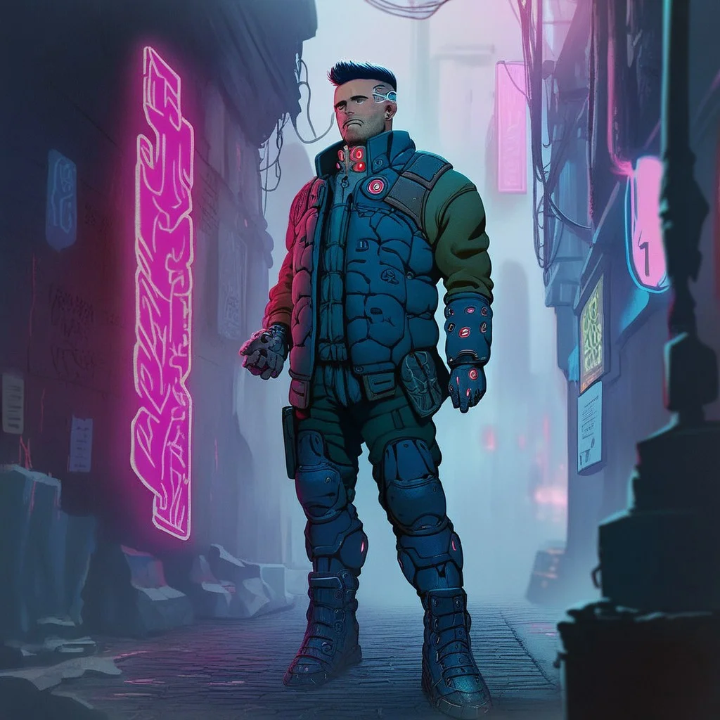 score_9, score_8_up, score_7_up, 1man,  ruined city background, pano, holding a futuristic submachingun, combat ready, cyberpunk city, alley,  order sergeant, panoceania, cyberpunk, detailed background, smoke, neon signs, action drama vibe