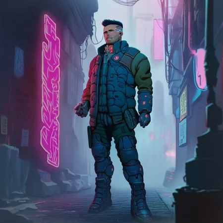 score_9, score_8_up, score_7_up, 1man,  ruined city background, pano, holding a futuristic submachingun, combat ready, cyberpunk city, alley,  order sergeant, panoceania, cyberpunk, detailed background, smoke, neon signs, action drama vibe
