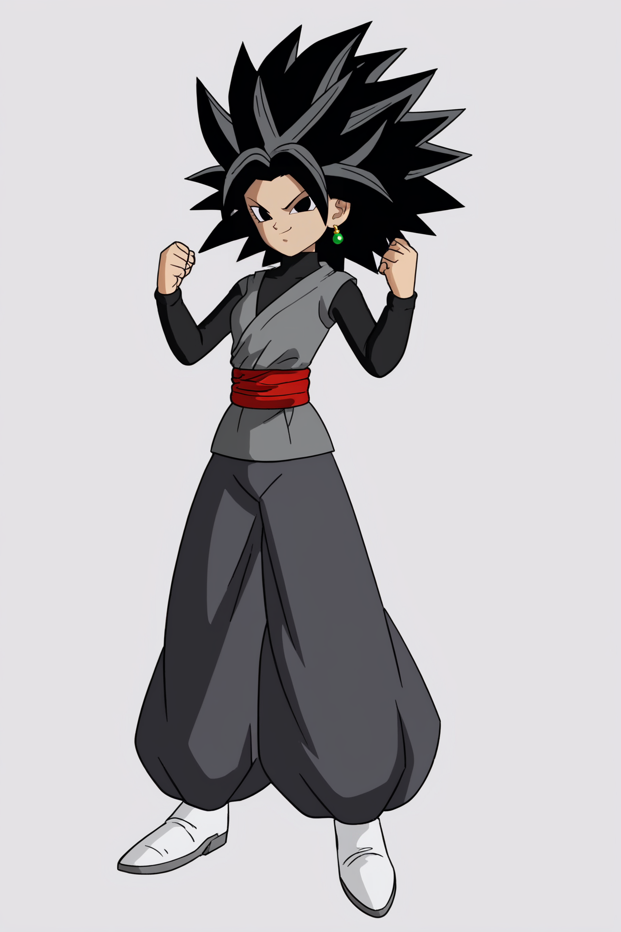 source_anime, score_9, score_8_up, score_7_up, anime screencap,8k, absurd res,
caulifla, 1girl, solo, looking at viewer, smile, simple background, black hair, long sleeves, white background, closed mouth, standing, full body, earrings, black eyes, red sash, black pants, white footwear, spiked hair, puffy pants, arms up, grey topwear, looking at another, black undershirt, potara earrings, turtleneck, clenched hands, official style, 
<lora:caulifla_pony_v2:0.8>