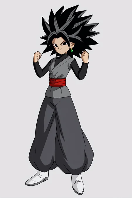 source_anime, score_9, score_8_up, score_7_up, anime screencap,8k, absurd res,
caulifla, 1girl, solo, looking at viewer, smile, simple background, black hair, long sleeves, white background, closed mouth, standing, full body, earrings, black eyes, red sash, black pants, white footwear, spiked hair, puffy pants, arms up, grey topwear, looking at another, black undershirt, potara earrings, turtleneck, clenched hands, official style,
<lora:caulifla_pony_v2:0.8>