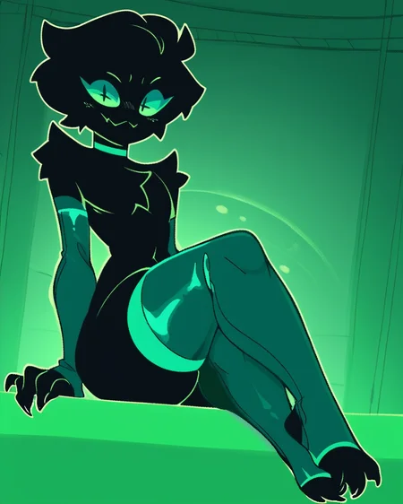 score_9, score_8_up, score_7_up, 1boy, solo, Carne, black hair, green sclera, cute, otoko no ko, choker, thighhighs, elbow gloves, toeless legwear, claws, thighs, green theme, black skin, seductive pose, dynamic angle, detailed background, indoors, bedroom, <lora:Carne_PDXL:1>