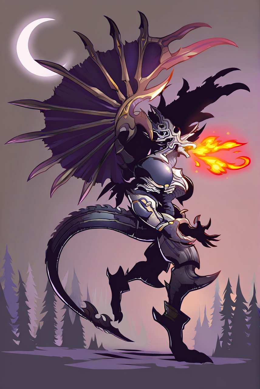 highres, best quality, masterpiece, very aesthetic, newest,solo,dorugoramon,wings,horns,tail,final fantasy, full color,intricate linework,hard shadow,shaded face,full body,vivid detail,gothic,breathing fire,flame aura,outdoors,forest,trees,crescent moon, moon,stars, <lora:DorugoramonIllustrious:1>
