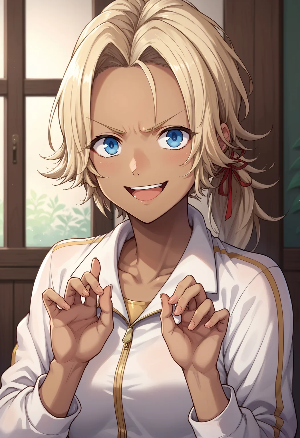 score_9, score_8_up,score_7_up, source_anime, 1girl, solo, <lora:EPfeCatherinePony:0.9>, EPfeCatherine, blonde hair, blue eyes, long hair, ponytail, parted bangs, hair ribbon, dark-skinned female, dark skin,,detailed background,indoors ,v-shaped eyebrows,smile,hands up,:d,long sleeves,upper teeth only, track suit,