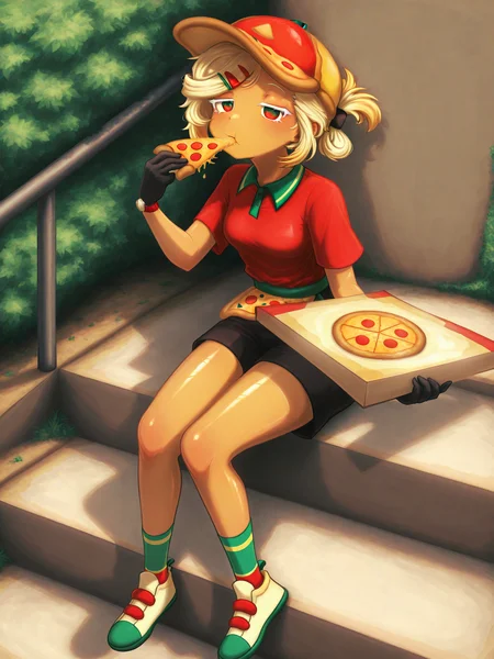 <lora:kasurnica2:1> kasurnica, <lora:PizzaCR2XL:1>, PCo_CR, 1girl, dark skin, red two-tone collared shirt, black shorts, medium hair, pizza hat, black gloves, hairclip, short sleeves, polo shirt, pizza apron, folded ponytail, two-tone eyes, wristwatch,
<lora:cfg_scale_boost:0.5> dynamic pose, white eyelashes, bored, full body, multicolored sneakers, multicolored socks, floating, small breasts, sitting on stairs, eating, holding pizza, open pizza box, holding, thick lineart, shiny skin, outdoors,