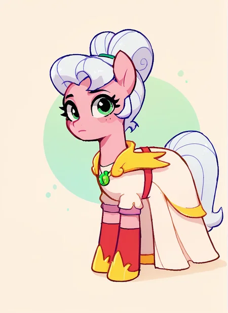 score_9, score_8_up, score_7_up, <lora:lunpiper:1>lunpiper , 1 girl , solo , white hair, doble high ponytail, double bun, green eyes, yellow Shoulder pads ,white dress, dress, red belt , red elbow gloves, yellow bracelet, looking at viewer, <lora:SyrupyyyArt:1>syrupyyy , (pony girl ,pony , horse girl,:1.1) all fours,