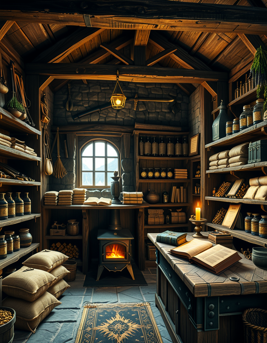 A highly detailed, realistic photograph of a medieval-style general store inspired by Skyrim, captured in soft, natural lighting. The interior features wooden beams and stone walls, aged and weathered, with shelves overflowing with various items: leather-bound books, glass potion bottles glowing faintly in green and blue hues, sacks of grains, and woven baskets filled with herbs. In the corner, a rustic fireplace crackles gently, casting warm, golden light across the room. Weapons like iron swords and steel daggers hang neatly on a wooden rack behind the counter, while a fur rug covers part of the worn wooden floor. On the wooden counter lies a small pile of gold coins beside an old ledger, with a candle burning low. The window shows a misty, pine-filled landscape outside, with soft daylight filtering through. The atmosphere feels cozy, immersive, and authentically Nordic, with rich textures, muted earthy colors, and a slightly cinematic fantasy style. No people are present, only the quiet ambiance of a world at rest.
<lora:SDXLFaeTastic2400:0.4> <lora:extremely_detailed:0.4> extremely detailed,<lora:skyrim_general_st0r3:1>,skyrim general st0r3, Masterpiece,best quality,hi res,8k,hi res,8k,award winning,(sharp focus, intricate, highly detailed),