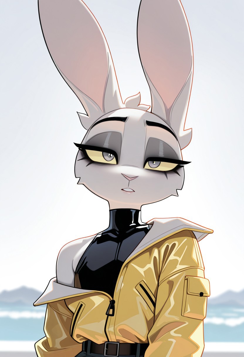 masterpiece, best quality, newest, highres,very aesthetic, absurdes, detailed eyes, beautiful, detailed background, perfect eyes, texi, 1boy, furry male, yellow_sclera, gray eyes, rabbit boy, otoko_no_ko, makeup, solo, off shoulder jacket