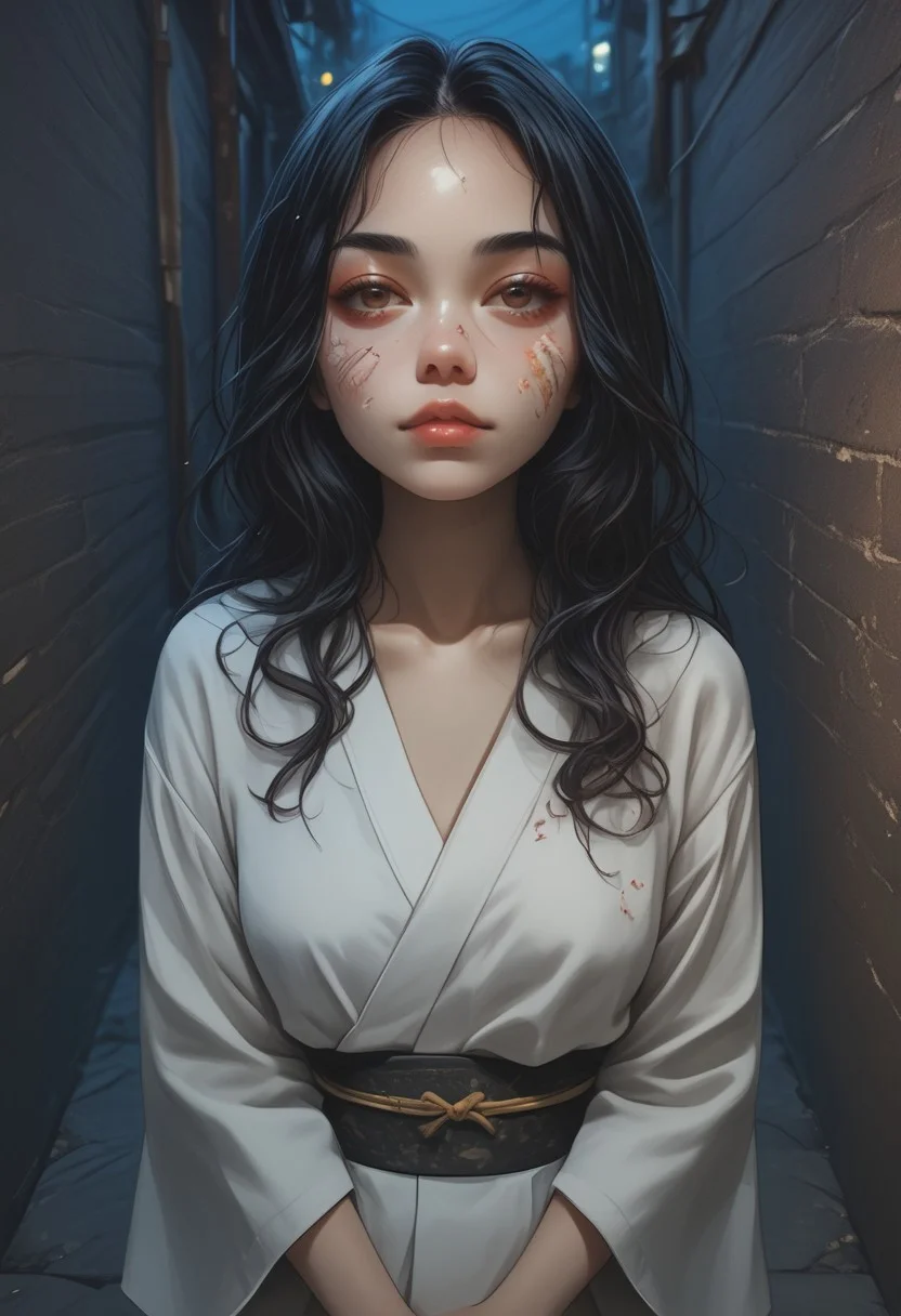 score_9, score_8_up, score_7_up, score_6_up, 1girl, solo, medium breasts, long hair, attractive, symmetrical face, soft structured facial features, (bruises and scratches:0.8), night, alleyway, dark, (egyptian:0.6), (brazilian:0.6), from above, kimono, th3rm4l, colorful, thermal